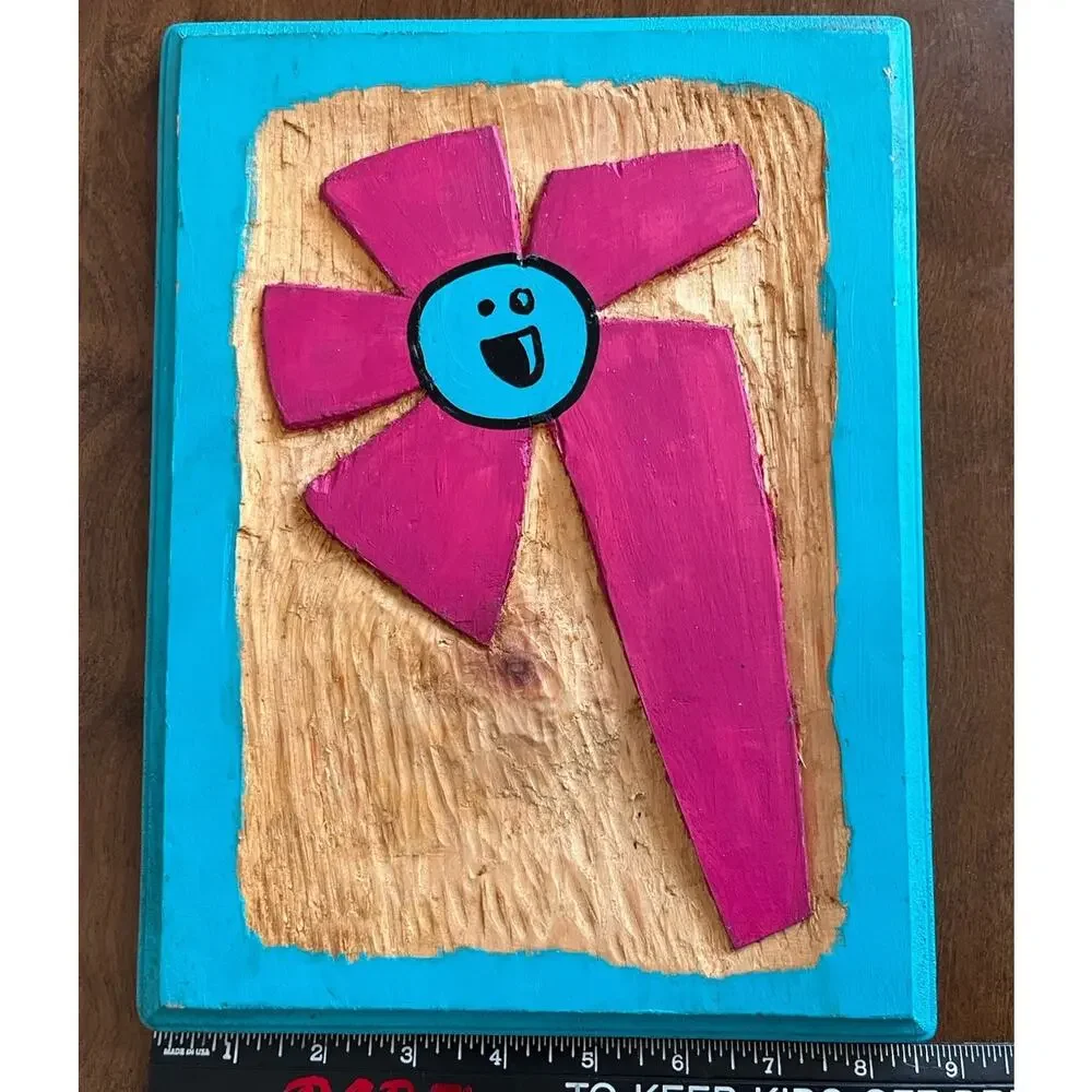 Ze Florist Miami Graffiti Art Hand Carved Painted Wood Plaque Orig. Flower Smile